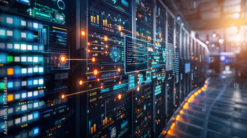 Aufkleber high tech data center with illuminated server racks and abstract digital interfaces showcasing data 