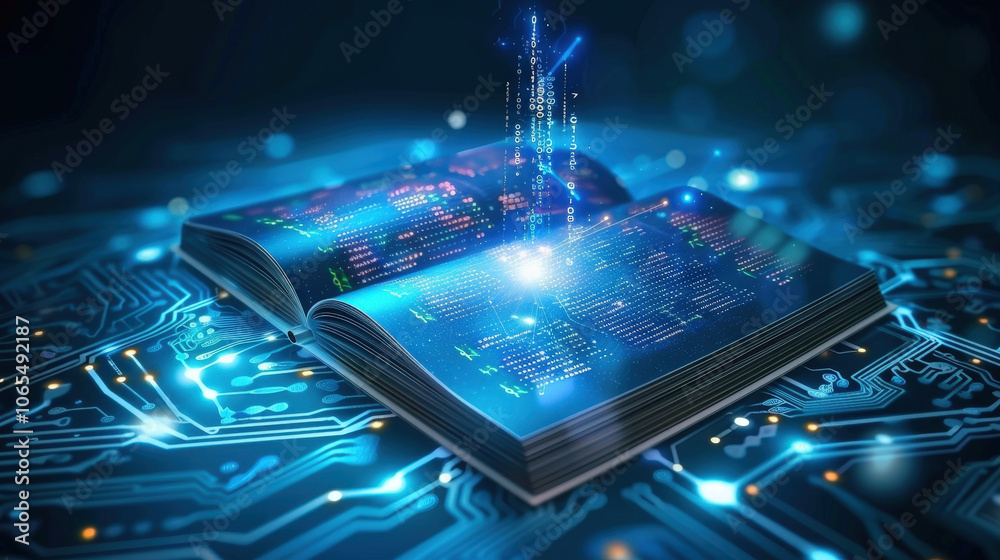 Aufkleber futuristic open book with glowing digital elements and binary code emerging from its pages, symboliz