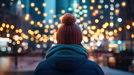 Obraz premium person wearing knitted hat stands facing blurred city lights at night, creating warm and reflective atmosphere. soft glow of lights enhances serene mood