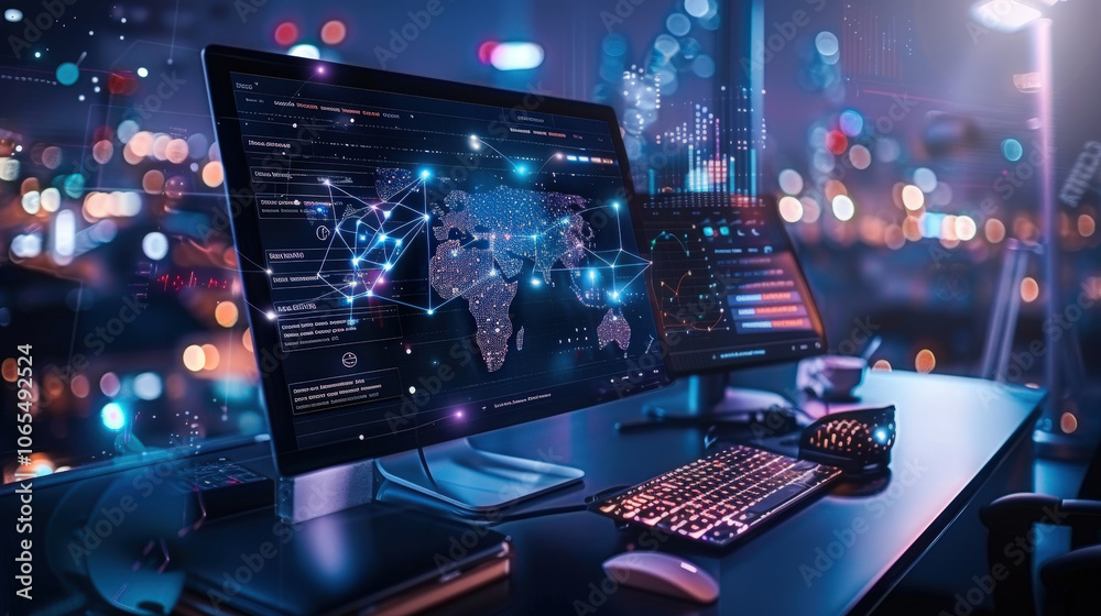 Aufkleber modern workspace featuring computer monitor displaying world map with data visualizations and graphs