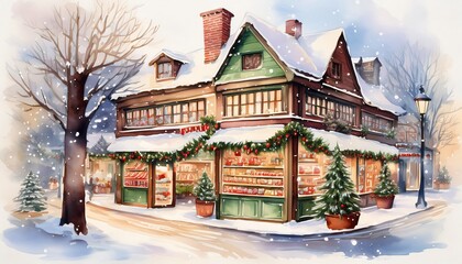 Fototapeta premium Magical christmas atmosphere at a snowy christmas store with festive lights and garlands