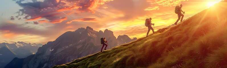 Obraz premium Mountain travel hike people adventure man summer journey tourism group sunset trekking. 