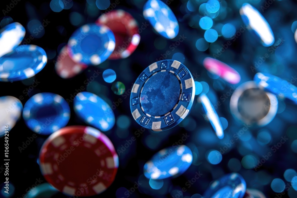 Wall mural casino winning. falling casino chips in high contrast blue colors