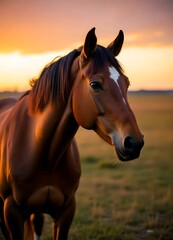 Obraz premium A vibrant sunset is illuminated by the presence of a brown horse with a dark mane standing in a grassy field