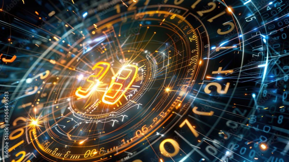 Poster digital numbers and glowing elements create futuristic background, showcasing blend of technology an
