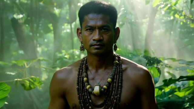 Indigenous man standing in sunlit forest