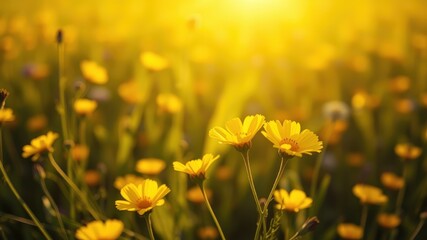 Fototapeta premium Golden Sunlight Illuminates a Field of Vibrant Yellow Flowers, Creating a Tapestry of Nature's Beauty