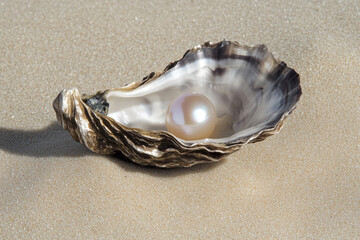  Close-up of a single pearl in an oyster shell on a sandy beach