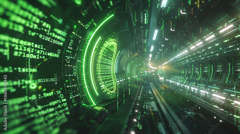 Poster futuristic digital tunnel with neon green binary code streaming over black background, creating sens