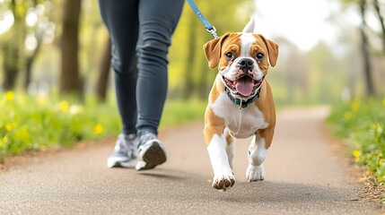 A playful Boxer dog enthusiastically pulls on its leash, wagging its tail as it trots along a sunny park pathway, enjoying a refreshing walk in nature.
