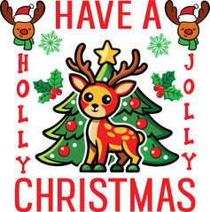 Fototapeta premium Happy Christmas typography vector illustration on reindeer decals with Christmas tree .