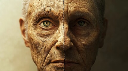 Face split in half, youthful and aging