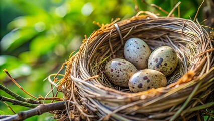 Fototapeta premium A close-up view of bird nests containing speckled eggs nestled among green foliage during a serene spring morning