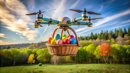 A colorful drone delivering a basket of Easter eggs over a lush green landscape on a sunny day