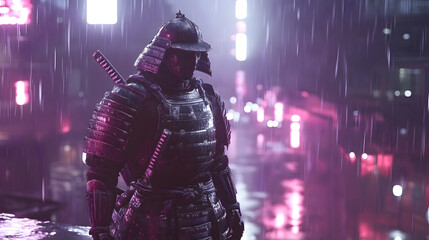 Fototapeta premium Cyber Samurai: Legacy of the Brave – In a Futuristic Apocalypse, a Biorobot Warrior Fights to Defend Humanity Against Alien Forces in a Cyberpunk City of Danger
