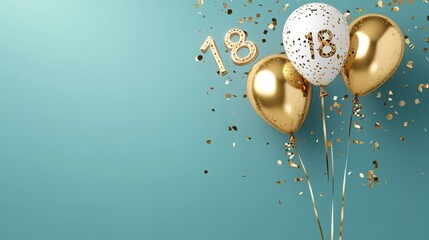 Happy 18th birthday poster with gold balloon and confetti