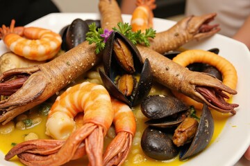 Delicious Seafood Platter with Shrimp, Mussels, Clams, and Squid - Perfect for a Gourmet Meal or Party