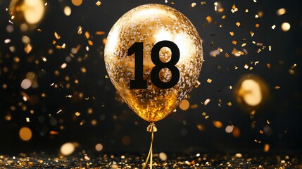 Happy 18th birthday poster with gold balloon and confetti