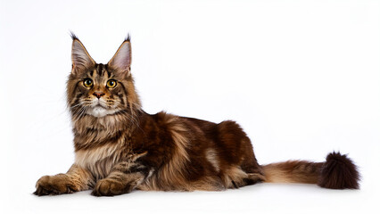 Maine Coon cat lying on white background.