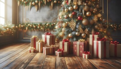 Luxurious Christmas scene featuring an elegantly decorated tree with gold ornaments and festive lights. Beautifully wrapped gift boxes with red bows are arranged on a wooden floor.