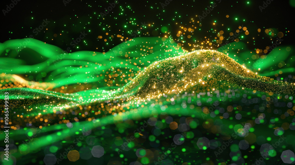 Poster smoothly flowing dots in wave motion create mesmerizing visual effect with vibrant green and golden 