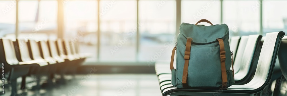 Aufkleber Backpack is sitting on a chair in an empty airport terminal, waiting for its owner to return. The sun is shining through the windows, creating a warm and inviting atmosphere