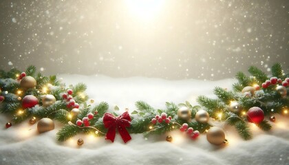 Elegant Christmas garland with red and gold ornaments, berries, and a red bow on snow, with gentle snowfall in the background, creating a serene holiday atmosphere.