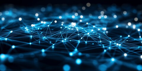 High-tech digital network of glowing blue points and interconnected lines forming an abstract data visualization