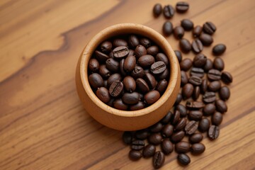 Fototapeta premium Freshly Roasted Coffee Beans in a Rustic Wooden Bowl on a Warm Brown Wooden Table - Perfect for Coffee Lovers and Home Decor