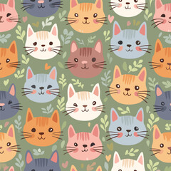 Cute cat head hand drawn seamless pattern
