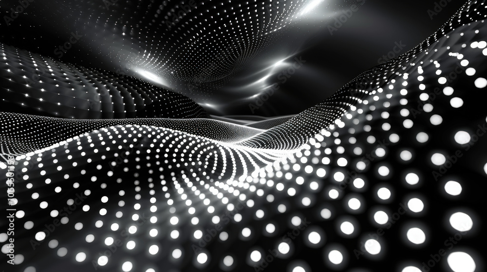 Poster subtle movement of dots creates mesmerizing wave flow effect, showcasing dynamic interplay of light 