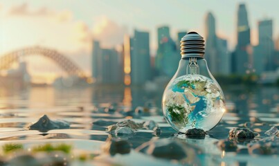 Earth inside oversized bulb above water, symbolizing sustainable energy