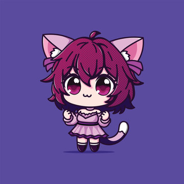 A Cute Girl with Cat Ear and Tail Cartoon Vector Illustration Icon Concept Isolated Premium Vector. Flat Cartoon Style pink