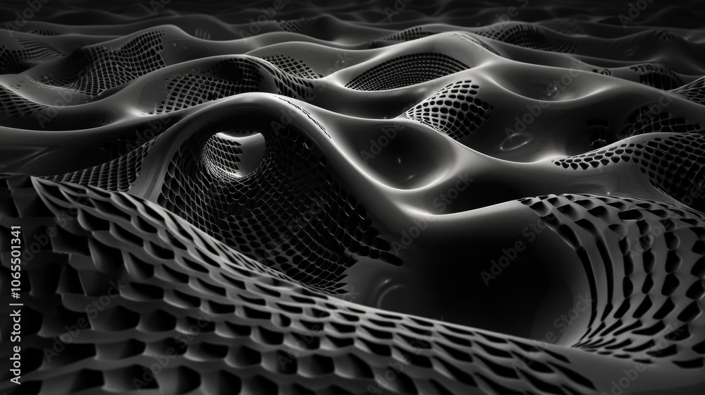Poster sleek black waves undulate in mesmerizing pattern, showcasing blend of smooth and textured surfaces 