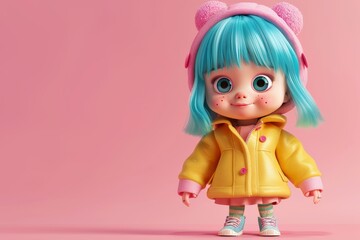 Fototapeta premium 3D rendering in cute toy doll girl with pastel blue hair and a pink jacket on her head, wearing shoes