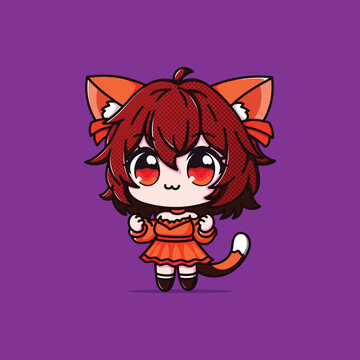 A Cute Girl with Cat Ear and Tail Cartoon Vector Illustration Icon Concept Isolated Premium Vector. Flat Cartoon Style orange 