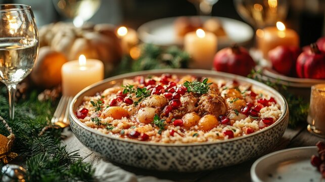 Traditional Iranian khoresh-e fesenjan pomegranate stew, cozy festive table decor, candle-lit setting