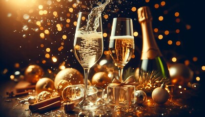 Elegant celebration scene featuring champagne glasses with bubbly drink, festive golden decorations, and sparkling lights, perfect for New Year or holiday events.