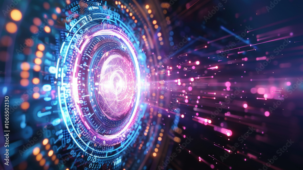 Poster vibrant and dynamic abstract design featuring circular pattern with glowing elements and light trail