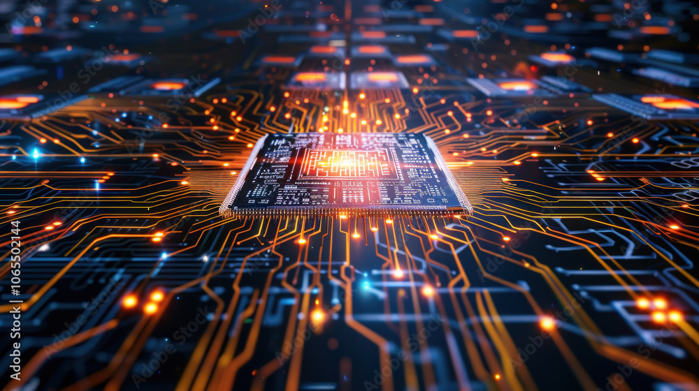 Poster vibrant and intricate depiction of microchip surrounded by glowing circuits, symbolizing advanced te