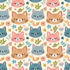 Cute cat head hand drawn seamless pattern