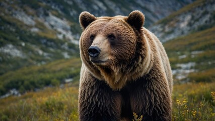 Obraz premium Grizzly bear standing in a lush mountain meadow during late afternoon in the wild, showcasing its magnificent fur and surroundings