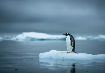 Obraz premium Emperor penguin on small ice floe in cold blue ocean under vast sky