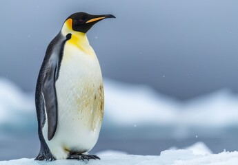 Obraz premium Emperor penguin on small ice floe in vast cold blue ocean