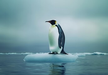 Emperor penguin perched on small ice floe in icy blue ocean