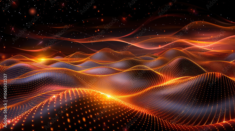 Poster mesmerizing wave of glowing dots moves like particles across dark background, creating stunning visu