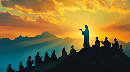 Silhouette of jesus delivering a sermon on the mount, inspiring biblical gospel teachings