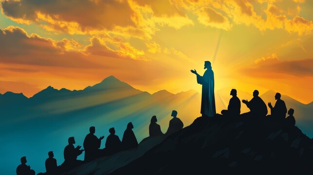 Silhouette of jesus delivering a sermon on the mount, inspiring biblical gospel teachings