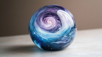 A translucent sphere with swirls of blue and purple, like a miniature galaxy inside 