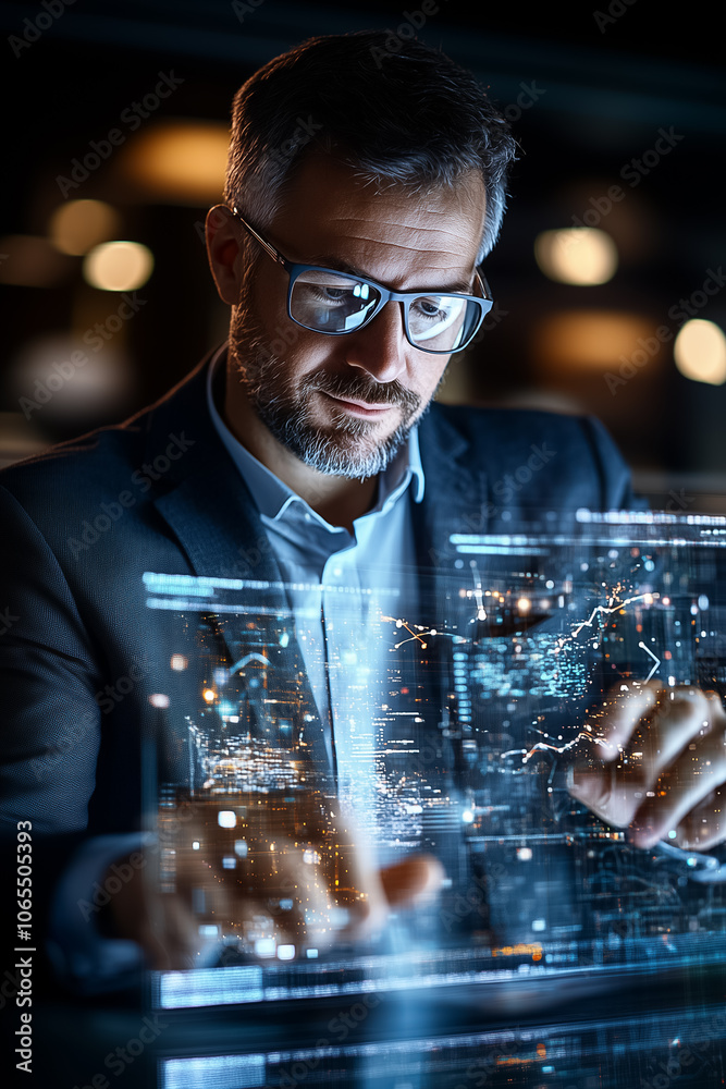 Poster a business professional interacts with a digital display, visualizing complex data in a sophisticate